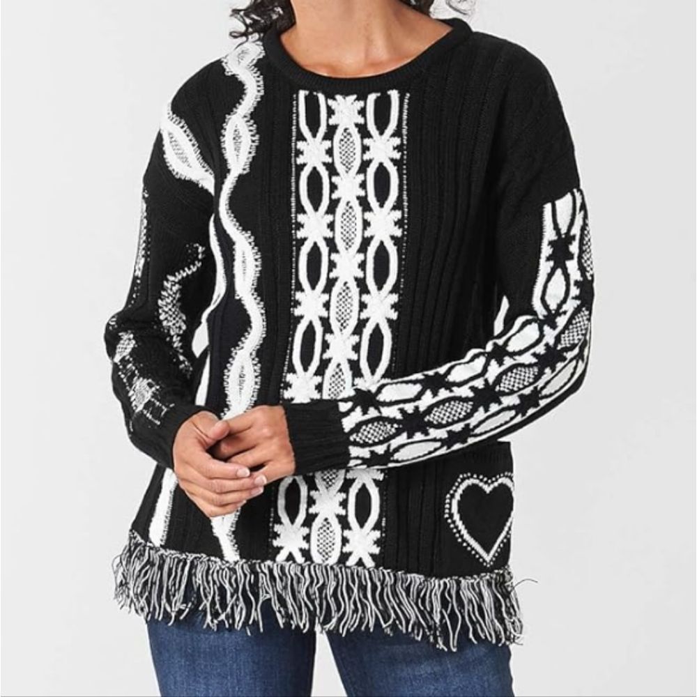 NWT Desigual Wool Blend Jers Brixton Knitted Heart Pullover Sweater Black White